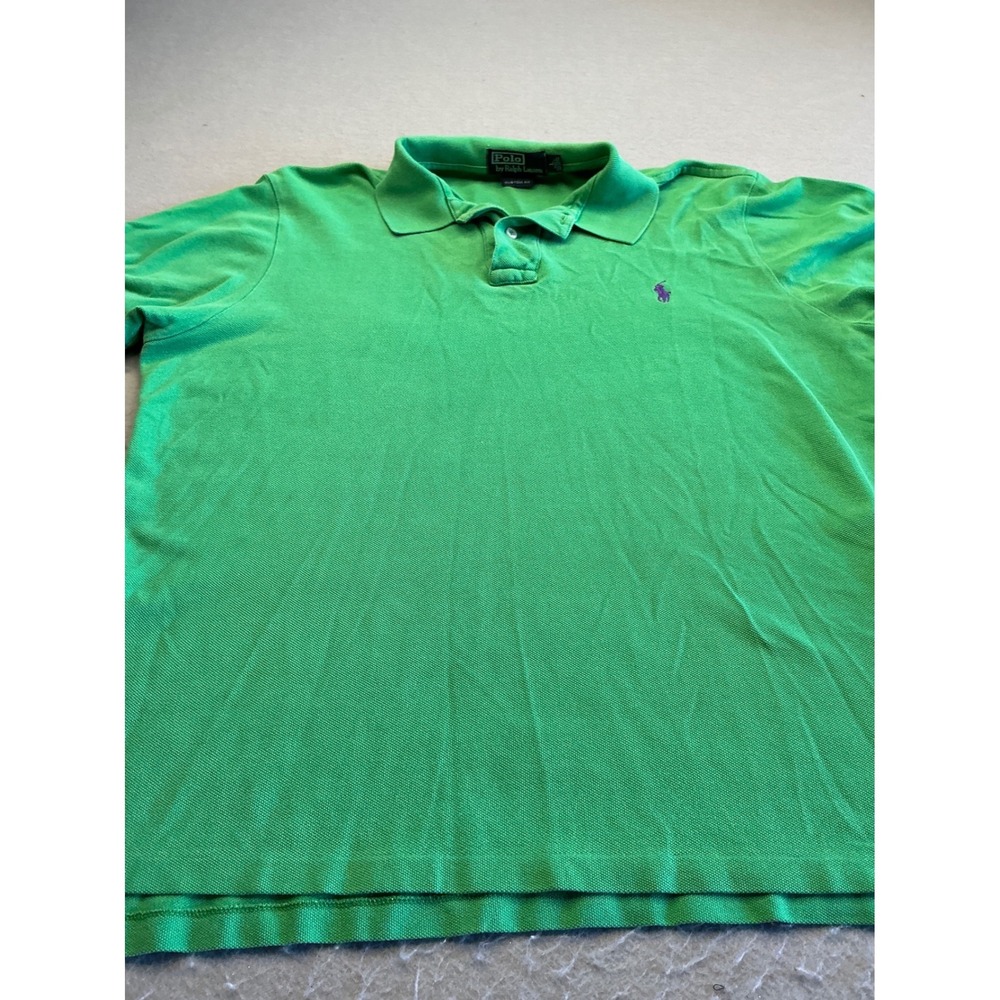 Polo Ralph Lauren Green Polo Shirt Custom Fit Purple Pony Size L Mens Pique